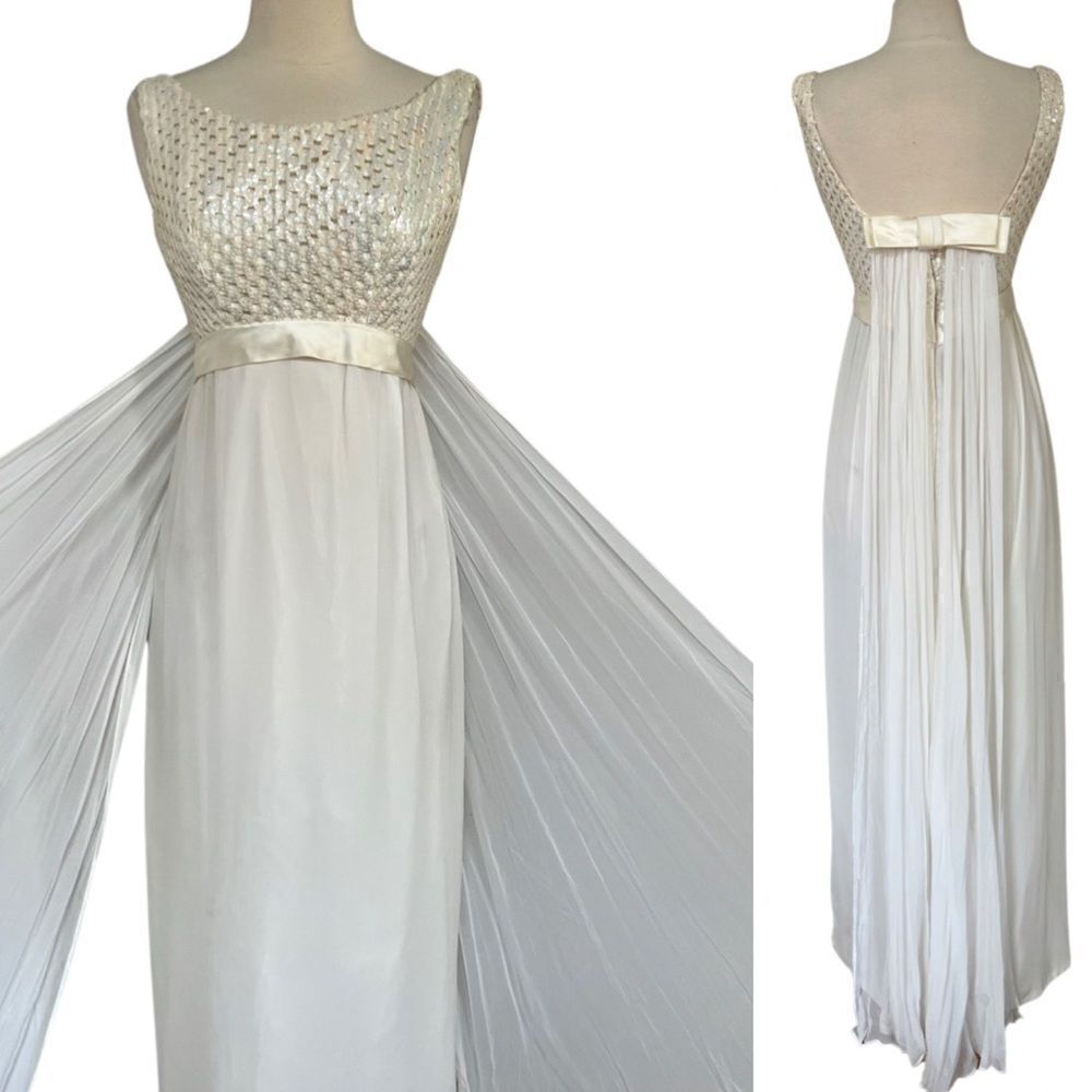 Epic 1960s / 1970s Disco Era Iridescent Sequin Bow Back Cape Train Bridal Gown